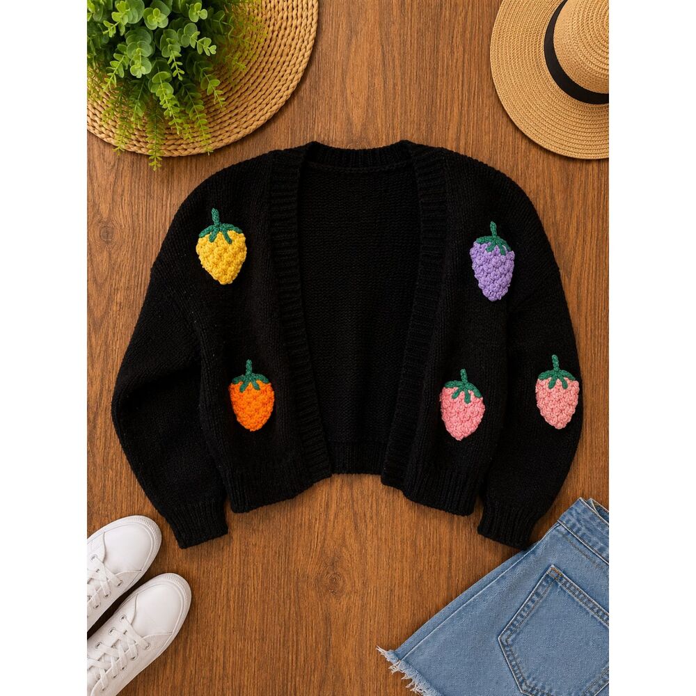 Luna Ivy Strawberry Cardigan Sweater Size Small Black Open Front Chunky Knit
